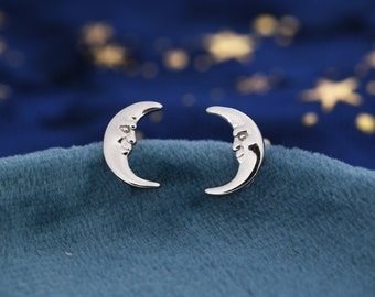 Man in the Moon Stud Earrings in Sterling Silver - Moon Face Earrings - Gold or Silver - Cute, Fun, Whimsical and Pretty Jewellery