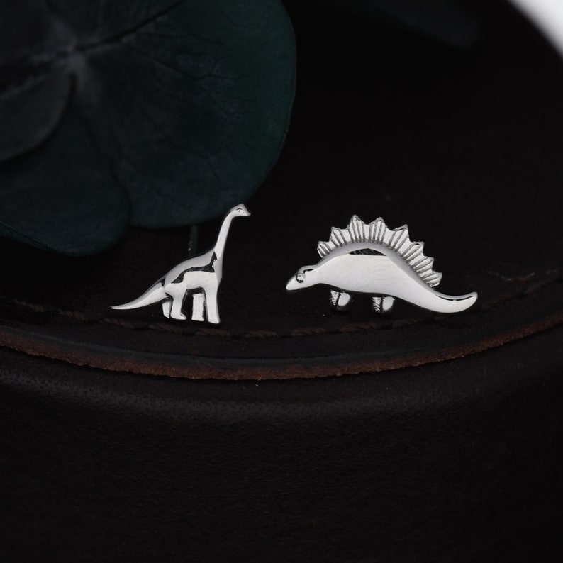 Mismatched Dinosaur Stud Earrings in Sterling Silver, Silver, Gold or Rose Gold, Asymmetric Stegosaurus and Brachiosaurus Dino Earrings image 2