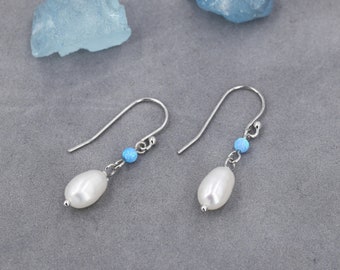 Genuine Freshwater Pearl and  Blue Opal Drop Earrings in Sterling Silver, Delicate Keshi Pearl and Opal Earrings,  Genuine Freshwater Pearls