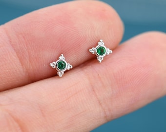 Extra Tiny Dotted Cluster Emerald Green CZ Stud Earrings in Sterling Silver, Gold or Silver or Rose Gold, Four Cluster Earrings