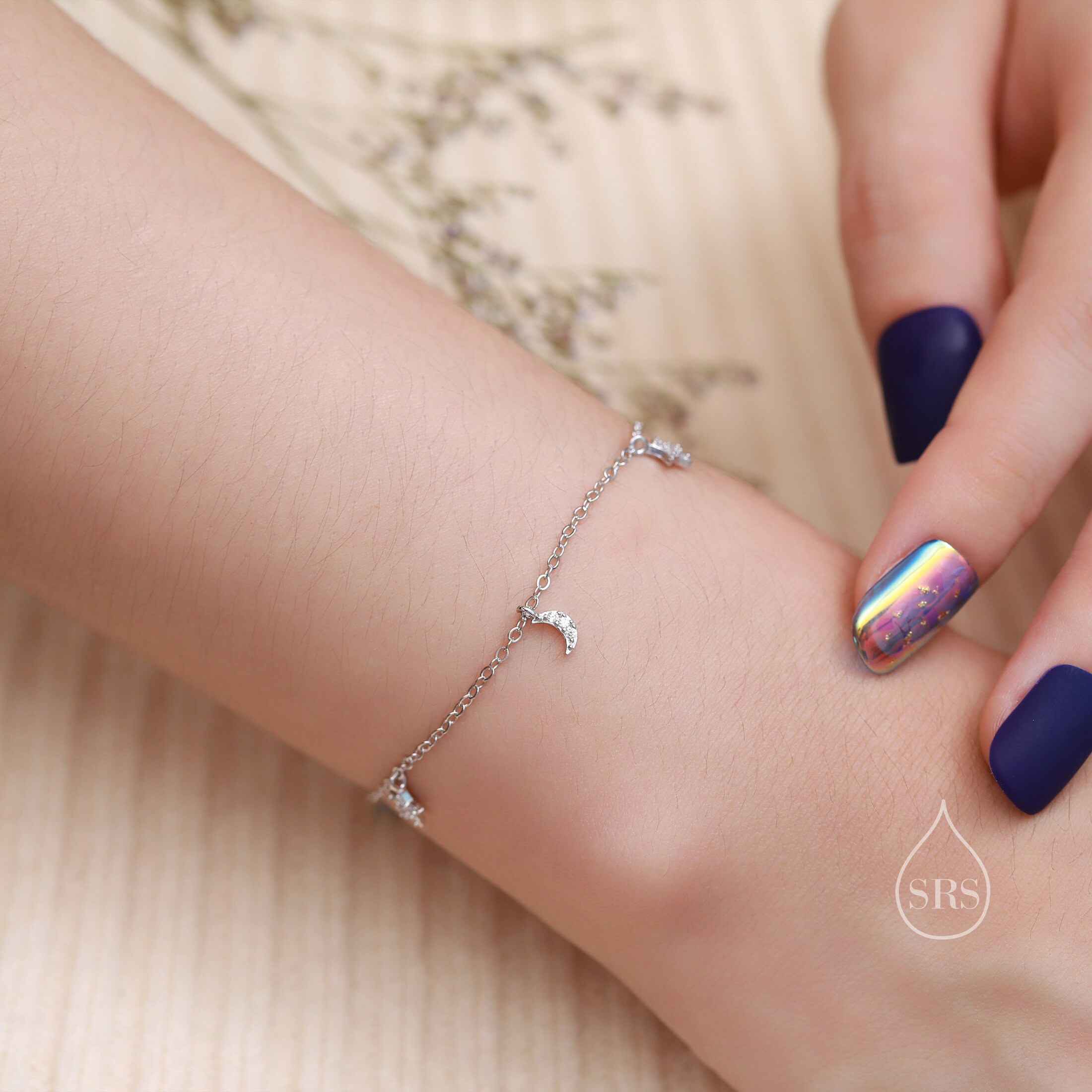 Sterling Silver Tiny CZ Moon and Star Bracelet, Silver or