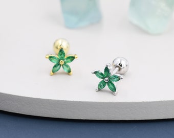 Sterling Silver Emerald Green CZ Flower Barbell Earrings,  Gold or Silver, Marquise CZ Screw Back Earrings, Stacking Earrings