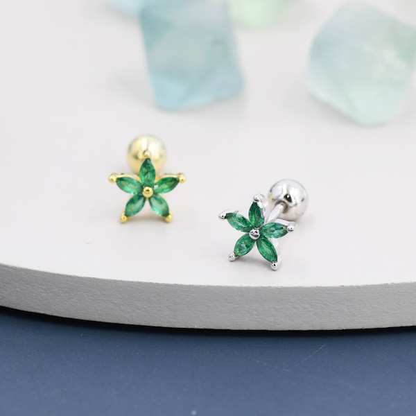 Sterling Silver Emerald Green CZ Flower Barbell Earrings,  Gold or Silver, Marquise CZ Screw Back Earrings, Stacking Earrings