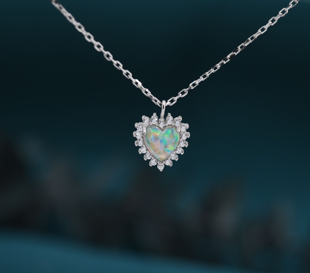 Opal Heart Pendant Necklace in Sterling Silver, Silver or Gold, October