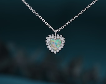 Opal Heart Pendant Necklace in Sterling Silver, Silver or Gold, October Birthstone, Heart Opal Necklace
