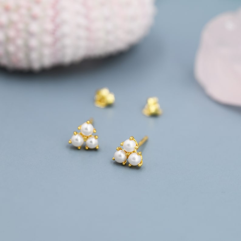 Pearl Trefoil Stud Earrings in Sterling Silver, Pearl Trio Earrings, Three Pearl Earrings, Silver Gold or Rose Gold image 4