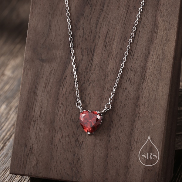 Garnet Red CZ Heart Pendant Necklace in Sterling Silver, Silver or Gold, Heart Necklace, Sparkly CZ Necklace, January Birthstone