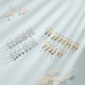 Extra Tiny Hydrangea Flower CZ Huggie Hoop Earrings in Sterling Silver, Silver or Gold, Green, Blue, Pink, Purple or Clear CZ zdjęcie 3