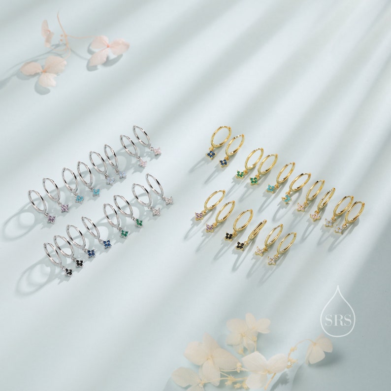 Boucles d'oreilles Huggie, petite fleur d'hortensia CZ en argent sterling, argent ou or, CZ vert, bleu, rose, violet ou transparent image 3