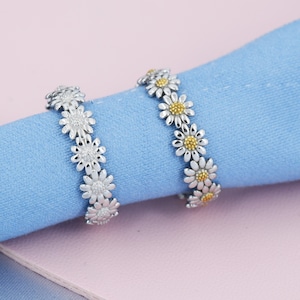 Anillo de margarita de plata esterlina, banda de infinito con flores, anillo de eternidad, anillo de la amistad, joyería inspirada en la naturaleza, tallas 5 a 8 de EE. UU.