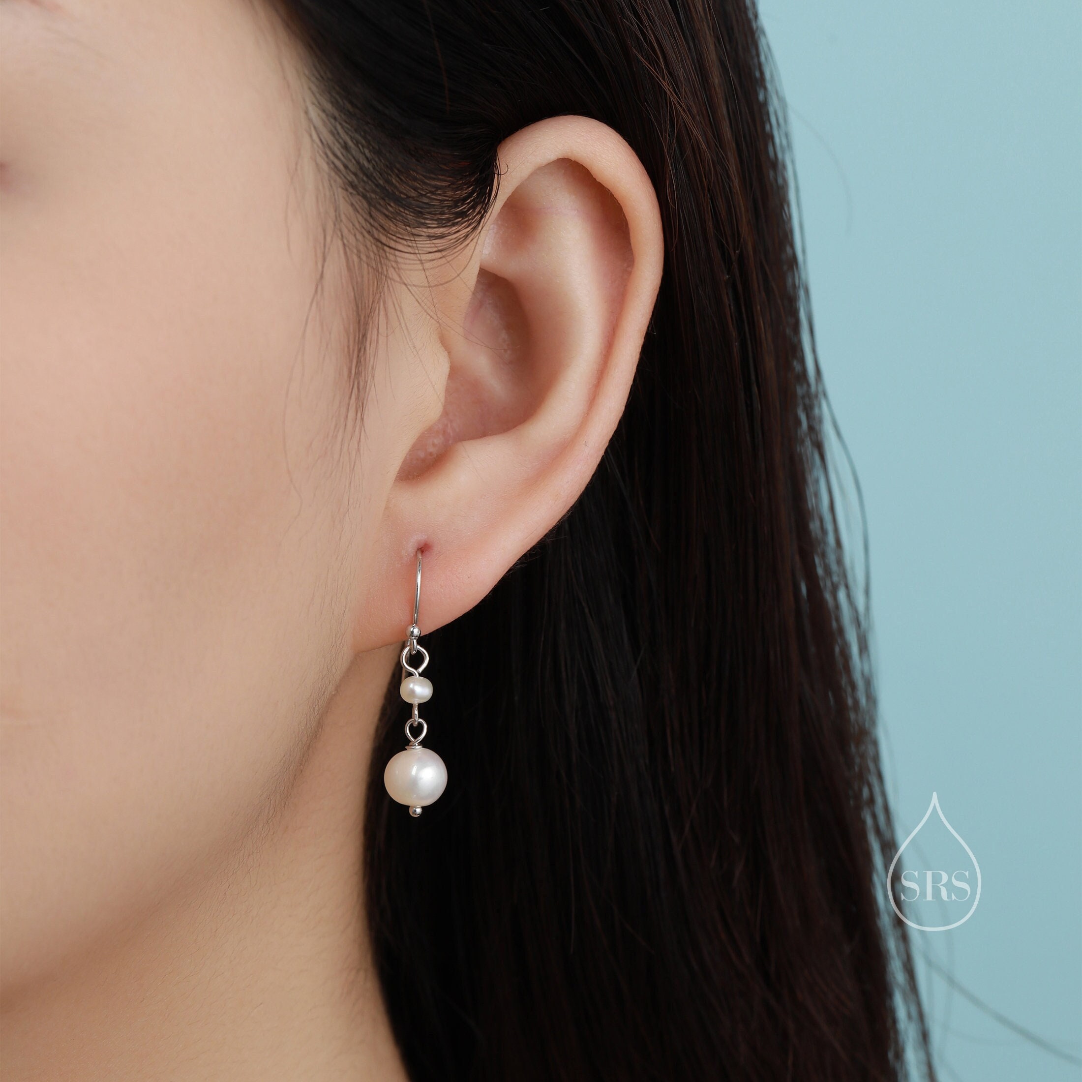 Genuine Freshwater Double Pearl Drop Hook Earrings in Sterling 