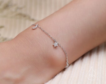 Pulsera de luna y estrella diminuta de plata de ley, plata u oro u oro rosa, pulsera de encanto de luna y estrella, joyería celestial