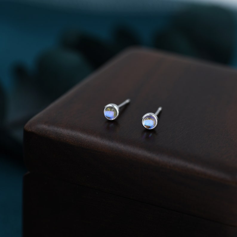 Moonstone Stud Earrings in Sterling Silver, Bezel, Aurora Stone Stud Earrings, 3mm Aurora Crystal Dot Earrings zdjęcie 5