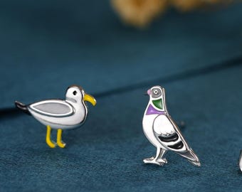 Quirky Mismatched Seagull and Pigeon Stud Earrings in Sterling Silver, Enamel Coated Pigeon Bird Earrings, Nature Inspired Animal Earrings