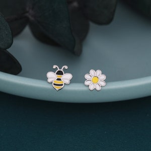 Mismatched Enamel Bee and Flower Stud Earrings in Sterling Silver, Asymmetric Bumble Bee and Flower Earrings