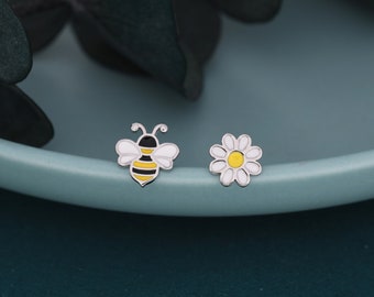 Mismatched Enamel Bee and Flower Stud Earrings in Sterling Silver, Asymmetric Bumble Bee and Flower Earrings