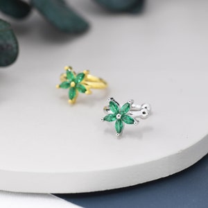 Emerald Green CZ Flower Ear Cuff in Sterling Silver, Silver or Gold, Simple Piercing Free Earrings, Minimalist Ear Cuff