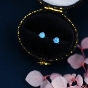Sterling Silver Tiny Little Blue Opal Stud Earrings,  3mm Opal Stud, Gold or Silver, Lab Opal, Three Prong, Semi-precious Jewellery