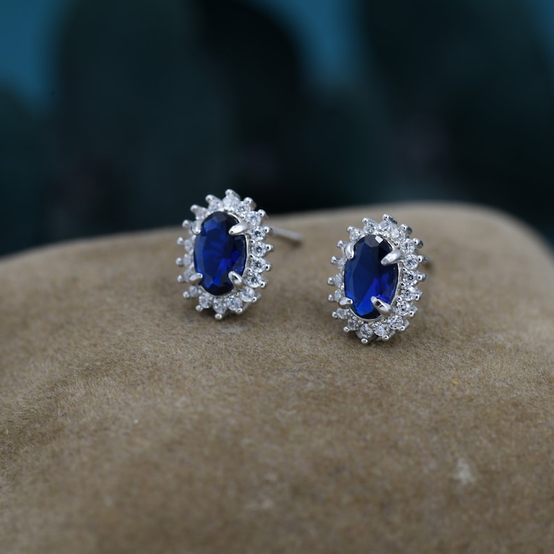 Sapphire Blue CZ Stud Earrings in Sterling Silver, Blue Oval Crystal Stud Earrings, September Birthstone zdjęcie 5