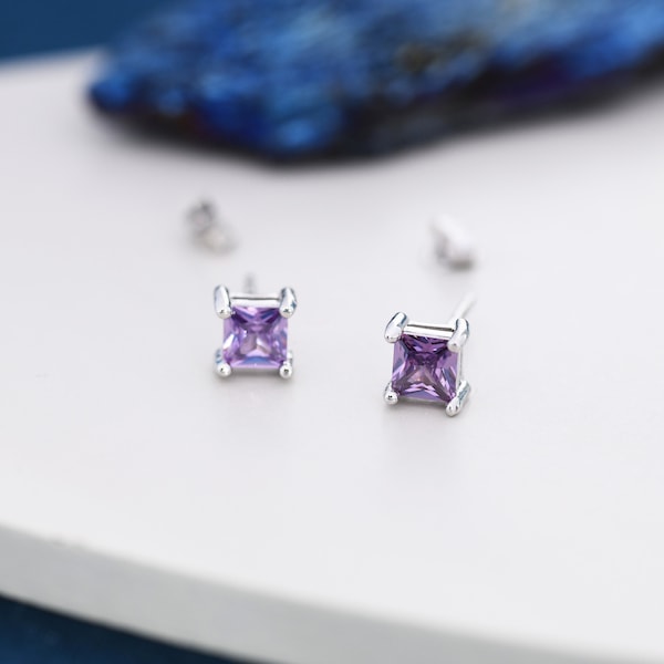 Princess Cut Amethyst Purple Stud Earrings in Sterling Silver,  Square Cut Crystal Earrings, Purple CZ, February Birthstone