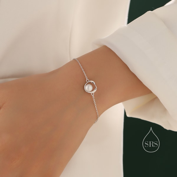 Sterling Silber Natürliche Perle Möbius Kreis Armband, Perle und Twist Kreis Armband, echte Süßwasser Perle Armband
