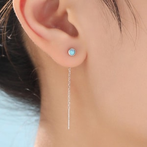 Pendientes colgantes de ópalo azul de 4 mm en plata de ley, pendientes colgantes de ópalo sintético, plata u oro, pendientes colgantes de ópalo, pendientes de cadena