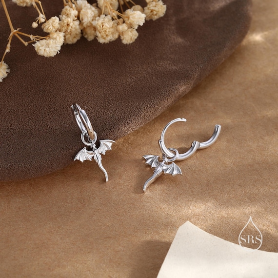 Orecchini a cerchio pendenti a forma di piccolo drago in argento sterling, argento, oro o oro rosa, Dagon, staccabili e intercambiabili - Italia
