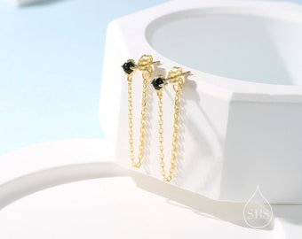 Natural Black Onyx and Chain Ear Jacket in Sterling Silver,  Silver or Gold, Black Agate Prong Earrings, Front and Back Earrings