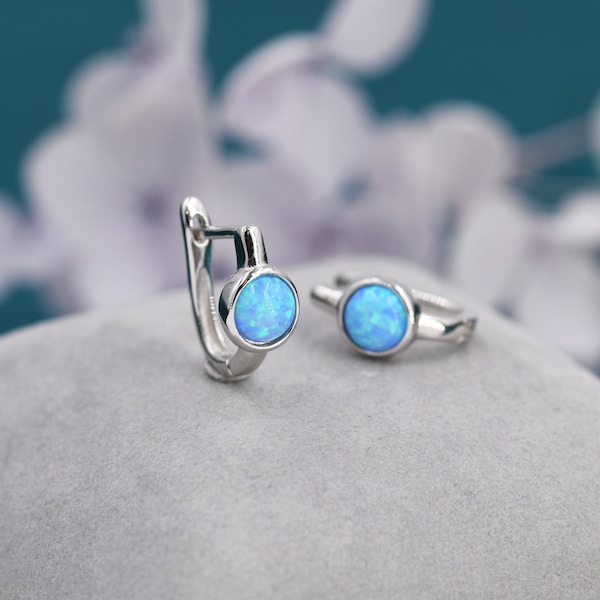 Blue Opal Huggie Hoop Earrings in Sterling Silver, Silver or Gold, 5mm Opal Lever Hoops, Opal Hoops, Simulated Opal Hoops, Fire Opal Hoops