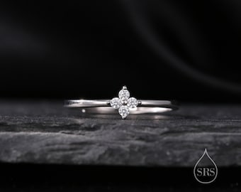 Hydrangea CZ Flower Minimalist Ring in Sterling Silver, Four Crystal Flower Ring, Tiny CZ Ring, US Size 5-8