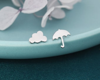 Mismatched Cloud and Umbrella Stud Earrings in Sterling Silver, Asymmetric Weather Earrings, Rain Cloud and Umbrella Earrings