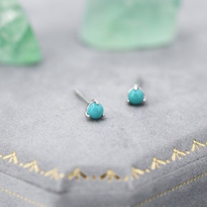 May include: A pair of small stud earrings with bright turquoise-colored stones set in silver-colored metal. The earrings are displayed on a gray surface with a blurred green object in the background.
