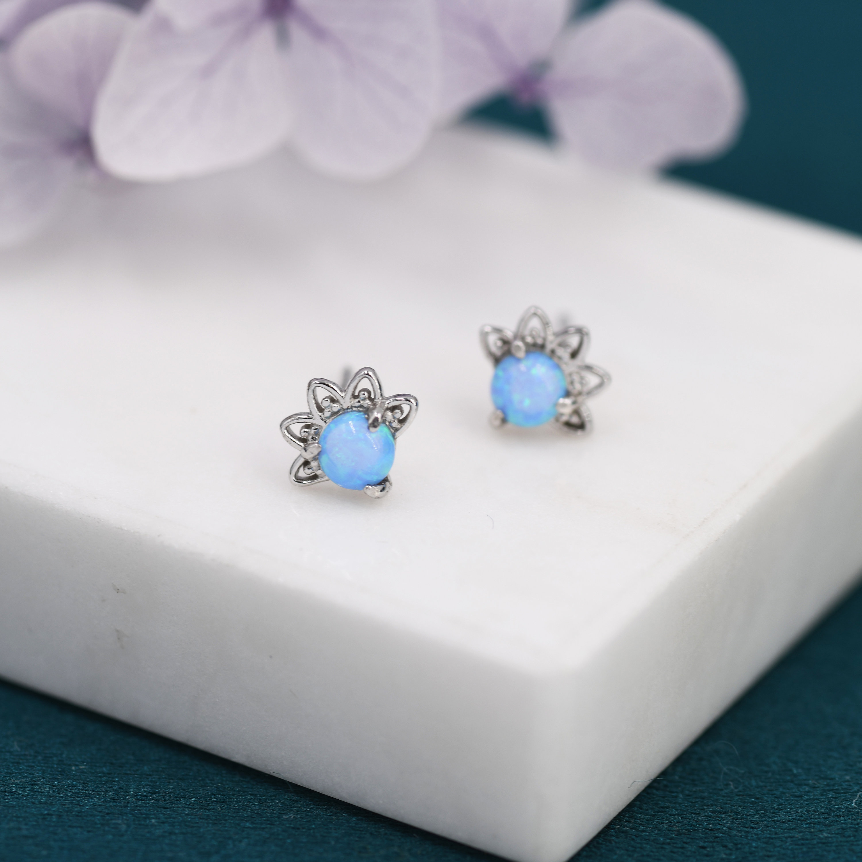 Orecchini A Bottone Con Opale Blu – Argento Sterling 925 Ipoallergenici, Regalo Per Donne
