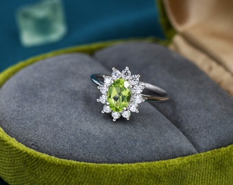 Genuine Peridot and CZ Halo Ring in Sterling Silver, Natural Peridot Stone Ring, Stacking Rings, US 5-8