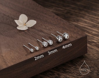 May include: Five pairs of silver stud earrings with clear round stones, displayed on a wooden surface. The earrings are labeled with their sizes in millimeters: 2mm, 3mm, and 4mm.