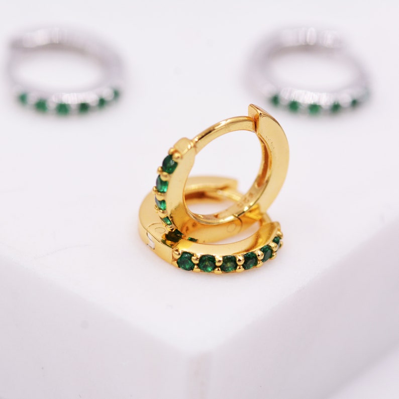 Emerald Green Crystal Huggie Hoop Earrings in Sterling Silver | Etsy