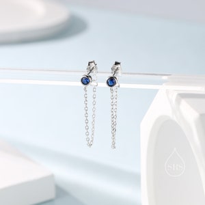Sapphire Blue CZ Chain Ear Jacket in Sterling Silver, Silver or Gold, Front and Back Earrings, Two Part Earrings, Linking Chain Earrings image 1