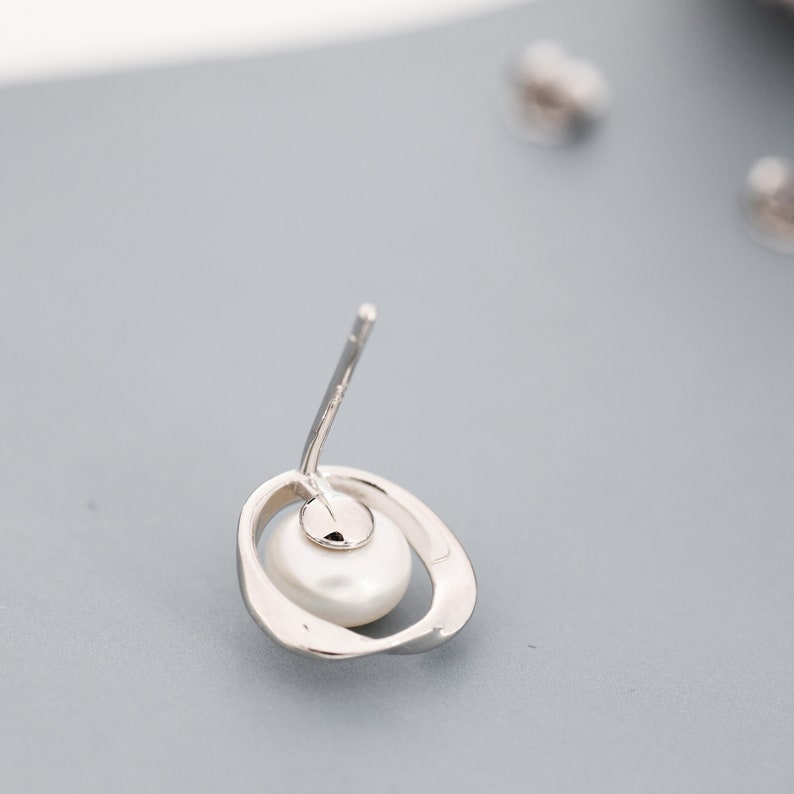 Genuine Freshwater Pearl and Mobius Circle Stud Earrings in Sterling Silver, Delicate Keshi Pearl Halo Earrings, Genuine Freshwater Pearls image 5