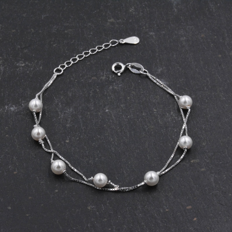 Sterling Silver Beautiful Pearl Minimalist Charm Layer Bracelet Adjustable Length Simple and Elegant Jewellery B58 image 1