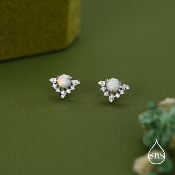Vintage Inspired White Opal Flower CZ Stud Earrings, Lab Opal Halo CZ Earrings, Simulated Fire Opal Earrings