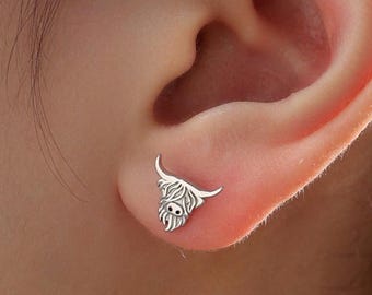 Highland Kuh Ohrstecker in Sterling Silber, Silber oder Gold Bull Ohrringe, Kuh Ohrringe, Scottish Design