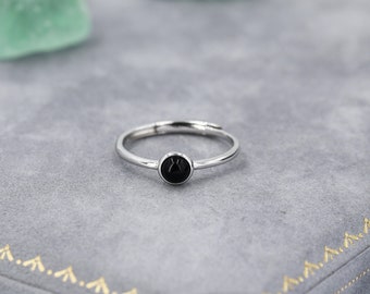 Minimalist Genuine Black Onyx Ring in Sterling Silver,  4mm Bezel Set Natural Black Onyx Ring, Adjustable Size, Black Onyx Ring