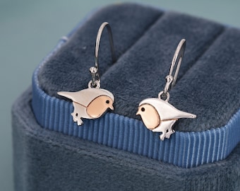 Robin Bird Drop Hook Earrings in Sterling Silver, Silver Animal Earrings, Nature Inspired Jewellery