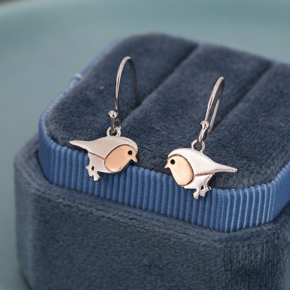 Robin Bird Drop Hook Earrings in Sterling Silver, Silver Animal