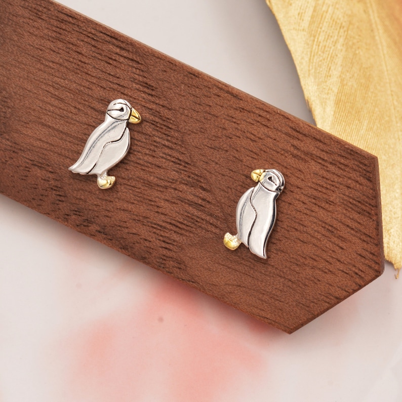 Puffin Bird Stud Earrings in Sterling Silver Gold and Silver Two Tone Cute, Fun, Whimsical and Pretty Jewellery image 6