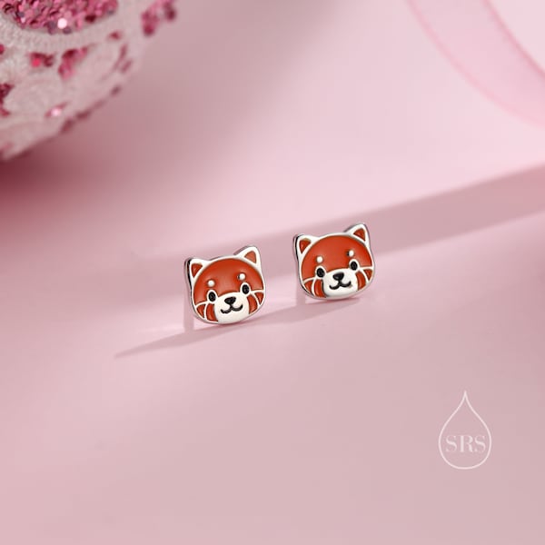Adorables boucles d'oreilles panda roux en émail en argent sterling, clous d'oreilles panda roux souriant, boucles d'oreilles panda roux, boucles d'oreilles panda