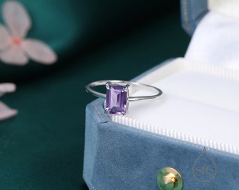 Genuine Emerald Cut Amethyst Ring in Sterling Silver, Natural Amethyst Stone Ring, Stacking Rings, US 5-8