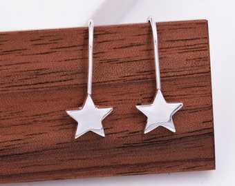 Sterling Silver Star Drop Earrings in Sterling Silver, Star Hook Earrings, Dangle Celestial Earrings