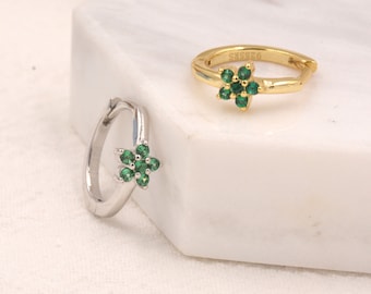 Tiny Emerald Green CZ Flower Huggie Hoops, CZ Hoop Earrings, Crystal Flower Huggie Earrings, Emerald Huggie Earrings