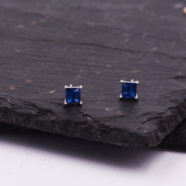 Princess Cut Square Sapphire Blue Crystal Stud Earrings Etsy UK